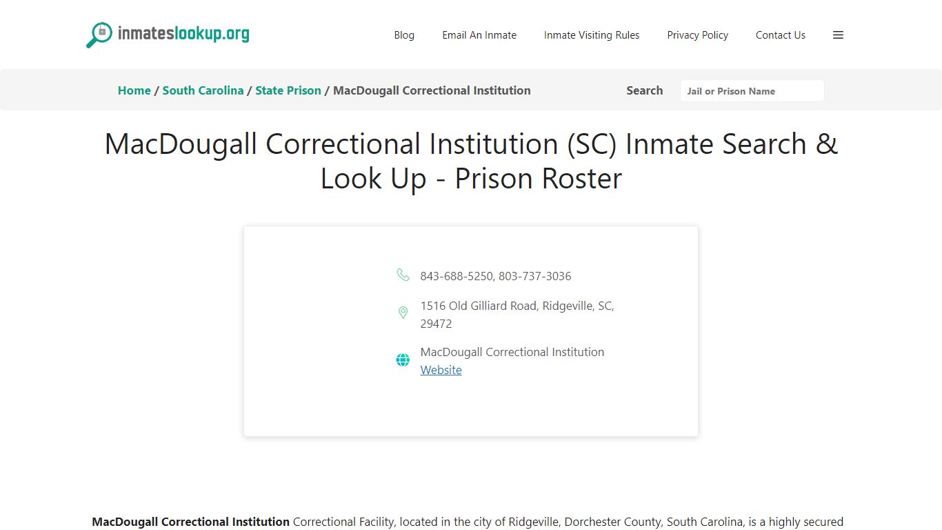 MacDougall Correctional Institution (SC) Inmate Search & Look Up ...